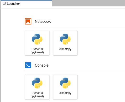 JupyterLab Launcher with climatepy icons.